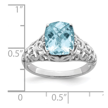 Sterling Silver Rhodium Checker-Cut Sky Blue Topaz Ring