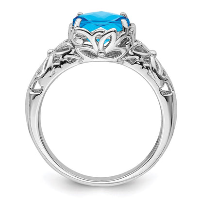 Sterling Silver Rhodium Checker-Cut Blue Topaz Ring