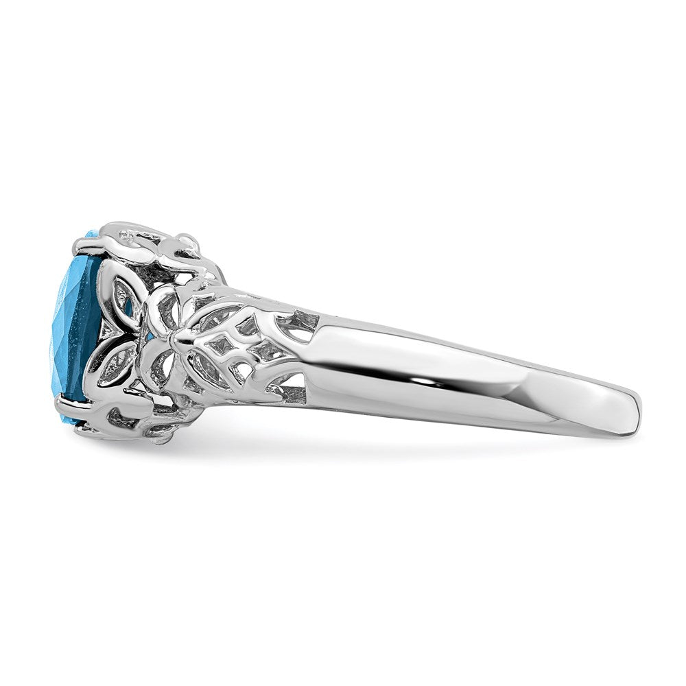 Sterling Silver Rhodium Checker-Cut Blue Topaz Ring