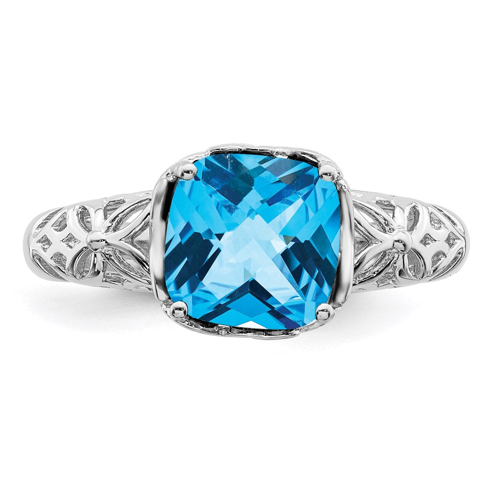 Sterling Silver Rhodium Checker-Cut Blue Topaz Ring