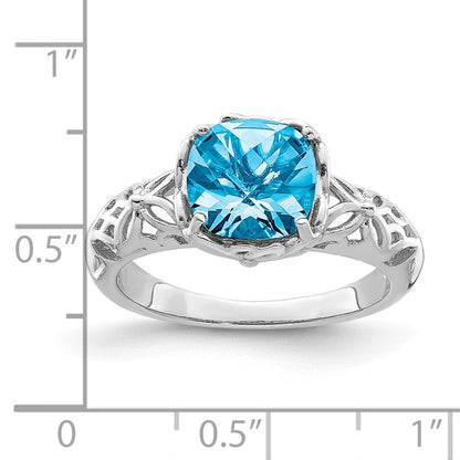 Sterling Silver Rhodium Checker-Cut Blue Topaz Ring