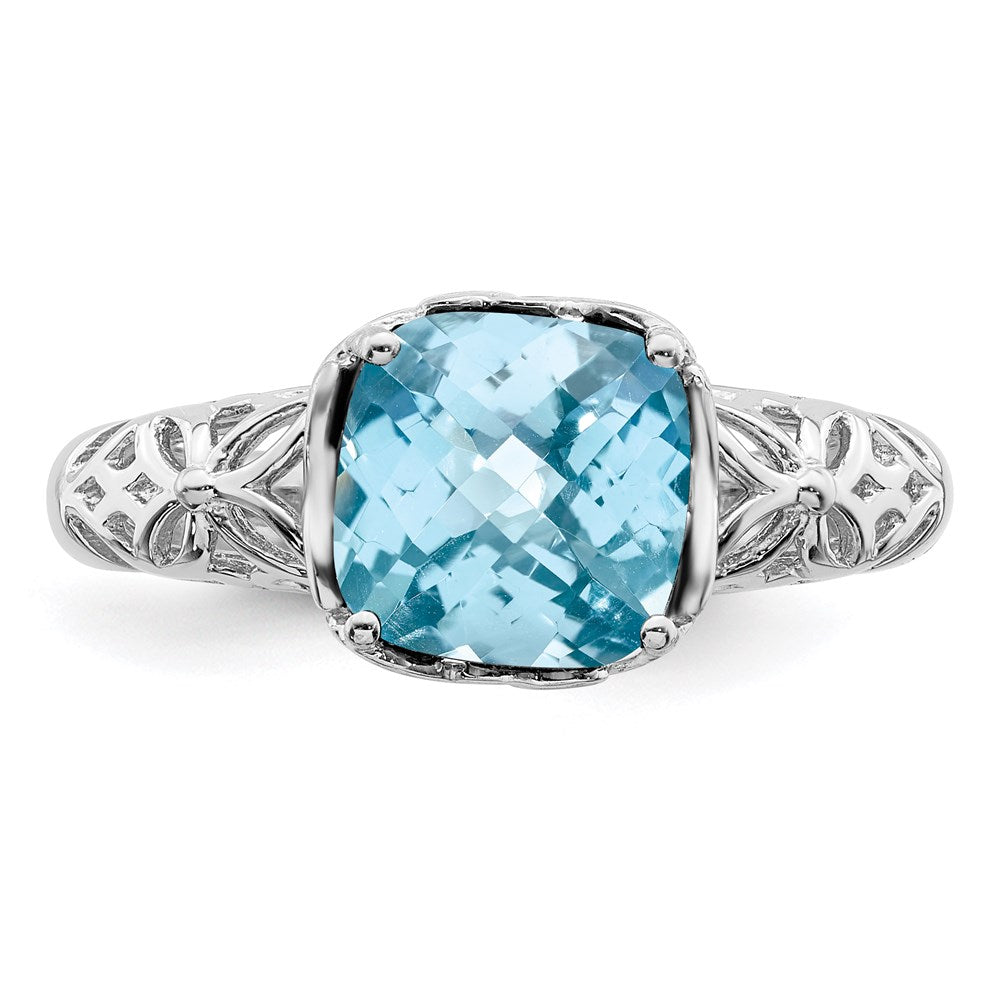 Sterling Silver Rhodium Checker-Cut Sky Blue Topaz Ring