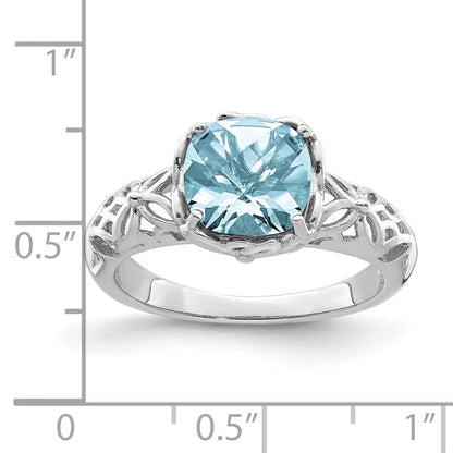Sterling Silver Rhodium Checker-Cut Sky Blue Topaz Ring