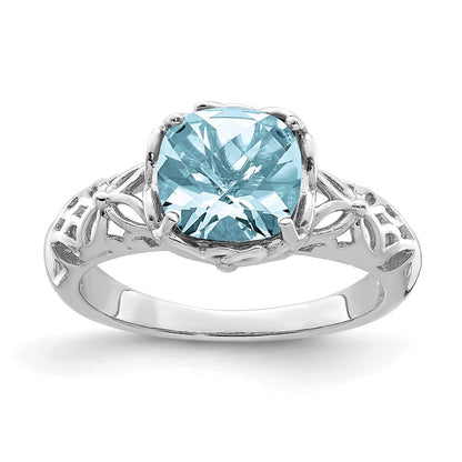 Sterling Silver Rhodium Checker-Cut Sky Blue Topaz Ring