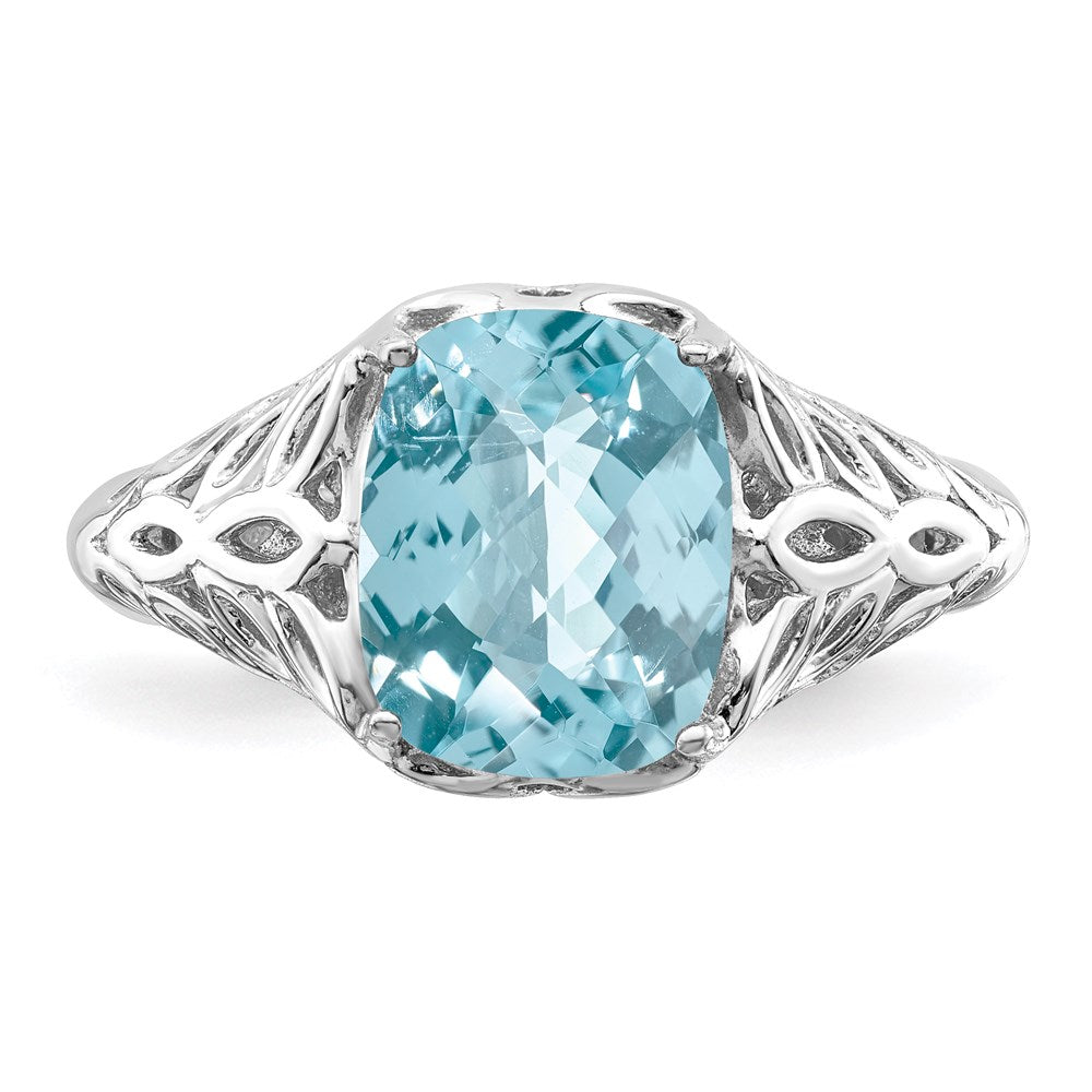 Sterling Silver Rhodium Checker-Cut Sky Blue Topaz Ring