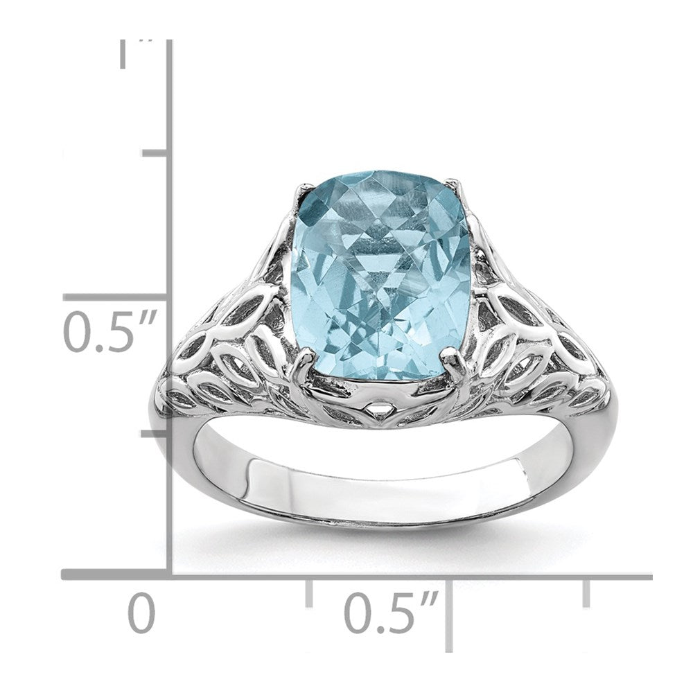 Sterling Silver Rhodium Checker-Cut Sky Blue Topaz Ring