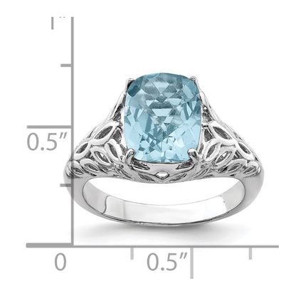 Sterling Silver Rhodium Checker-Cut Sky Blue Topaz Ring