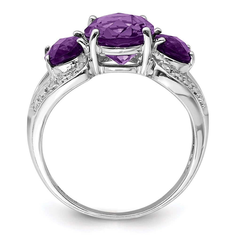 Sterling Silver Rhodium-plated Checker-Cut Amethyst u0026 Diamond Ring