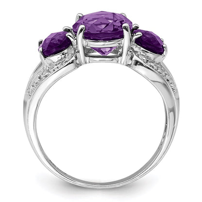 Sterling Silver Rhodium-plated Checker-Cut Amethyst u0026 Diamond Ring