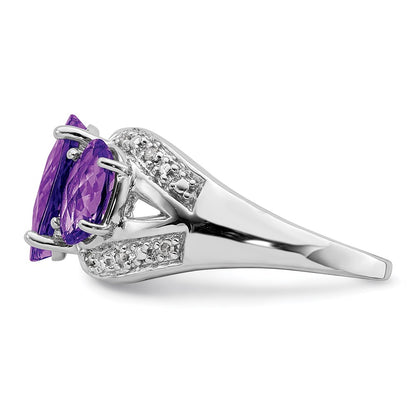 Sterling Silver Rhodium-plated Checker-Cut Amethyst u0026 Diamond Ring