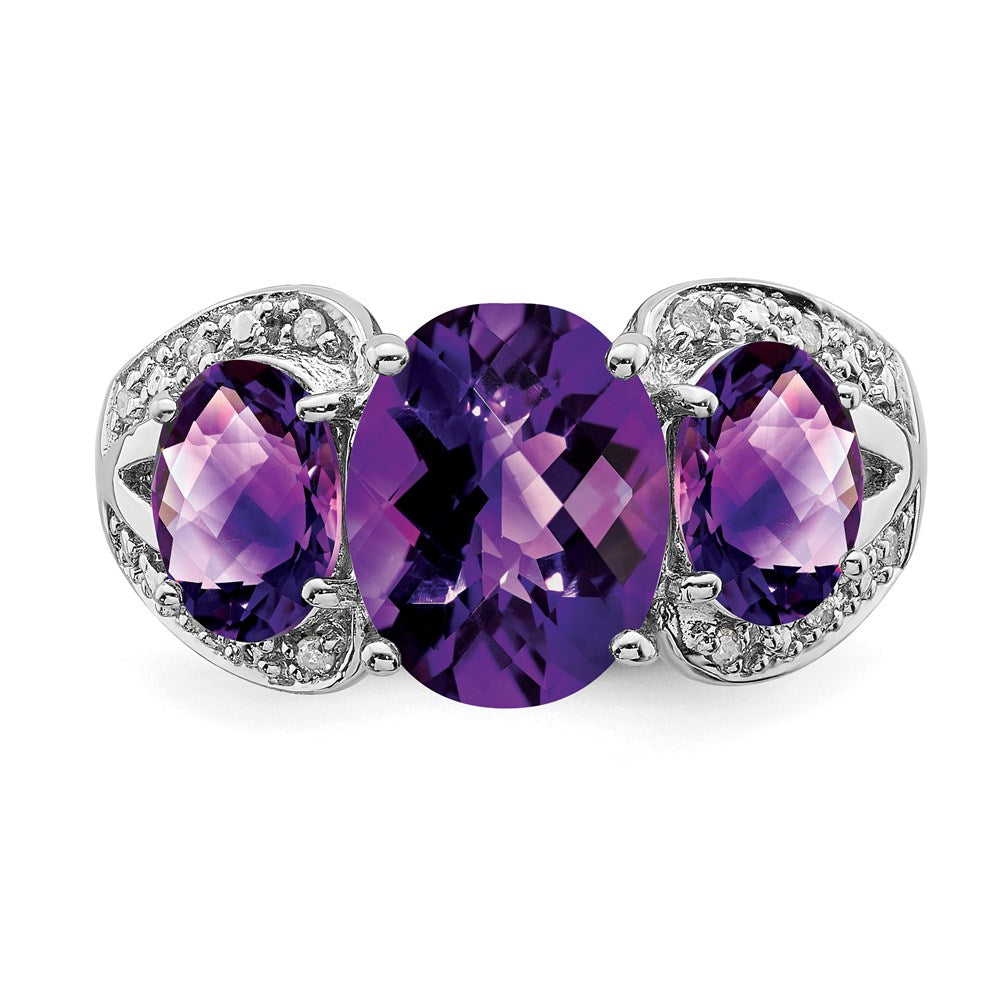 Sterling Silver Rhodium-plated Checker-Cut Amethyst u0026 Diamond Ring