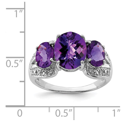 Sterling Silver Rhodium-plated Checker-Cut Amethyst u0026 Diamond Ring