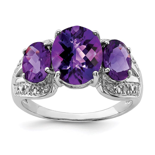 Sterling Silver Rhodium-plated Checker-Cut Amethyst u0026 Diamond Ring