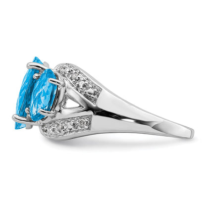 Sterling Silver Rhodium Checker-Cut Blue Topaz u0026 Diamond Ring
