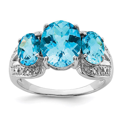 Sterling Silver Rhodium Checker-Cut Blue Topaz u0026 Diamond Ring
