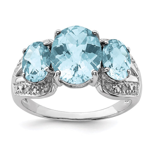 Sterling Silver Rhodium Checker-Cut Sky Blue Topaz u0026 Diamond Ring