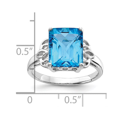 Sterling Silver Rhodium Checker-Cut Blue Topaz Ring