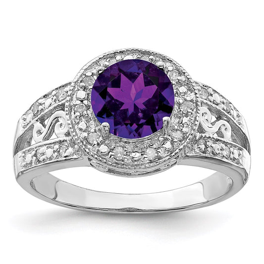 Sterling Silver Rhodium-plated Amethyst u0026 Diamond Ring
