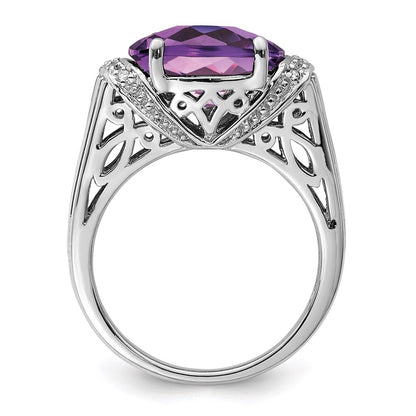 Sterling Silver Rhodium-plated Checker-Cut Amethyst u0026 Diamond Ring