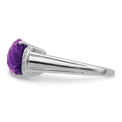 Sterling Silver Rhodium-plated Checker-Cut Amethyst u0026 Diamond Ring