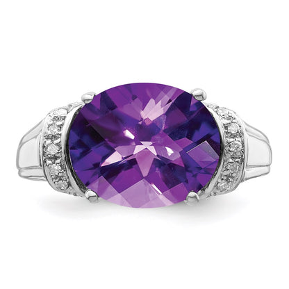Sterling Silver Rhodium-plated Checker-Cut Amethyst u0026 Diamond Ring