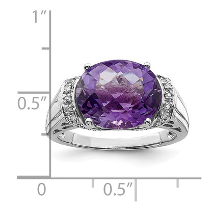 Sterling Silver Rhodium-plated Checker-Cut Amethyst u0026 Diamond Ring