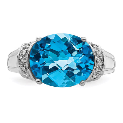 Sterling Silver Rhodium Checker-Cut Blue Topaz u0026 Diamond Ring