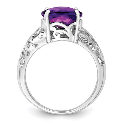 Sterling Silver Rhodium-plated Checker-Cut Amethyst u0026 Diamond Ring