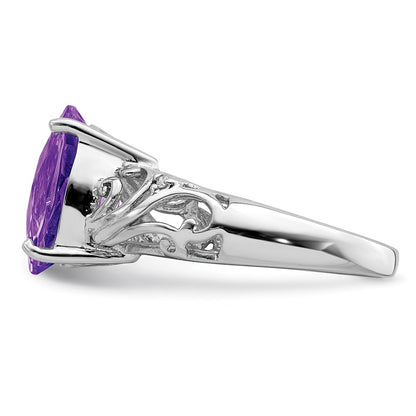 Sterling Silver Rhodium-plated Checker-Cut Amethyst u0026 Diamond Ring