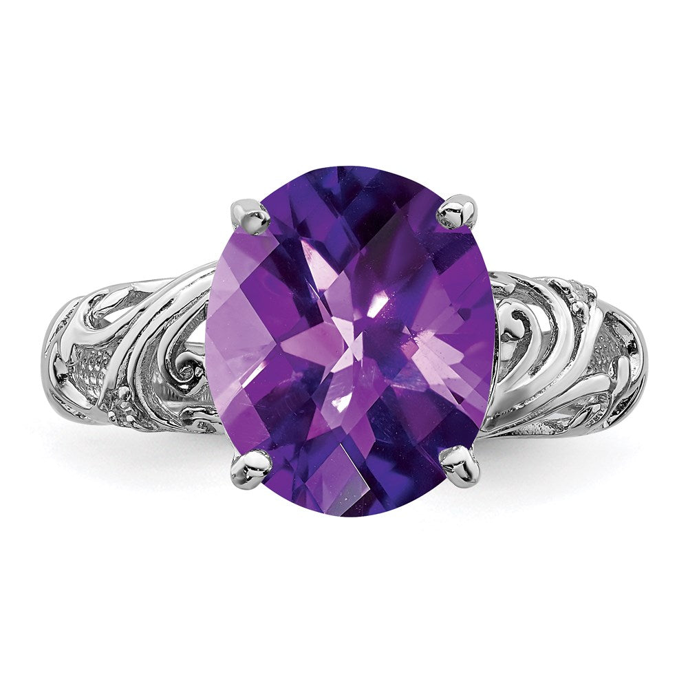 Sterling Silver Rhodium-plated Checker-Cut Amethyst u0026 Diamond Ring