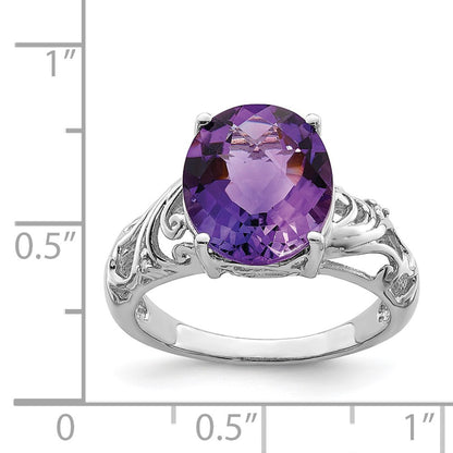 Sterling Silver Rhodium-plated Checker-Cut Amethyst u0026 Diamond Ring