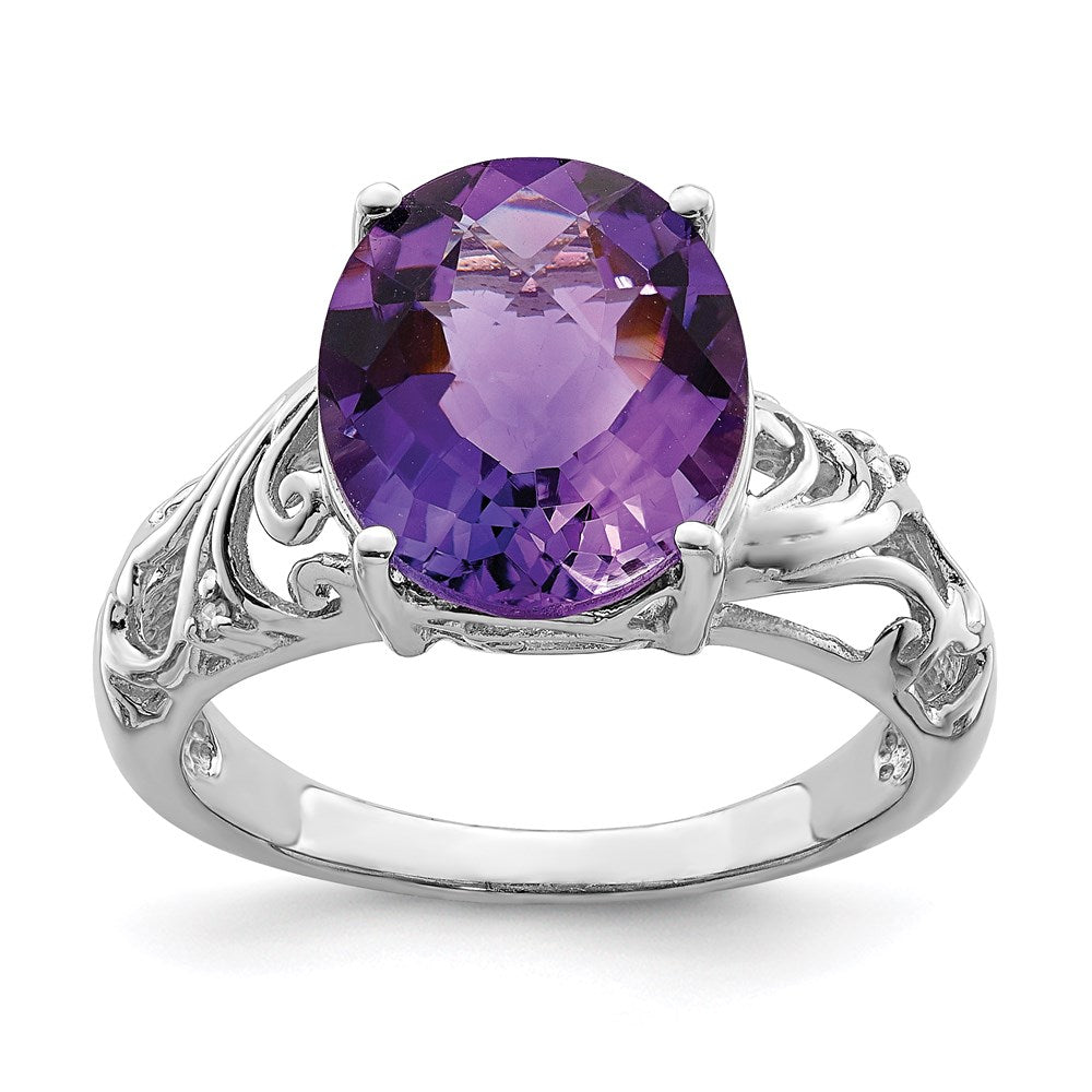 Sterling Silver Rhodium-plated Checker-Cut Amethyst u0026 Diamond Ring