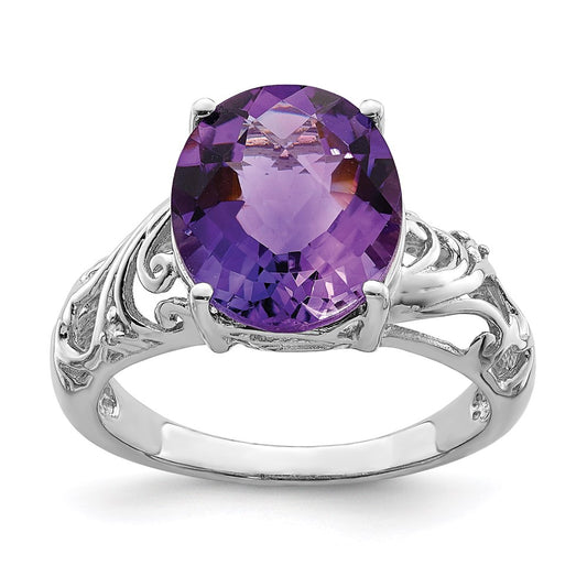 Sterling Silver Rhodium-plated Checker-Cut Amethyst u0026 Diamond Ring