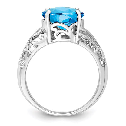 Sterling Silver Rhodium Checker-Cut Blue Topaz u0026 Diamond Ring
