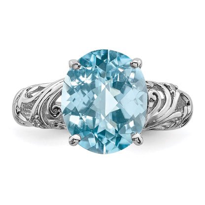 Sterling Silver Rhodium Checker-Cut Sky Blue Topaz u0026 Diamond Ring