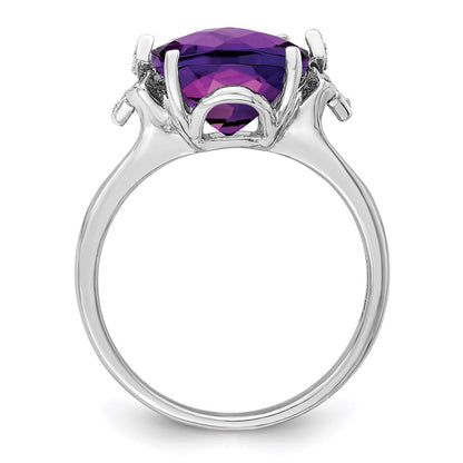 Sterling Silver Rhodium-plated Checker-Cut Amethyst u0026 Diamond Ring