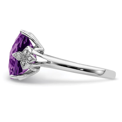 Sterling Silver Rhodium-plated Checker-Cut Amethyst u0026 Diamond Ring
