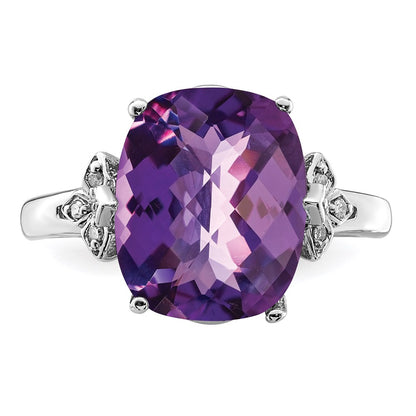 Sterling Silver Rhodium-plated Checker-Cut Amethyst u0026 Diamond Ring