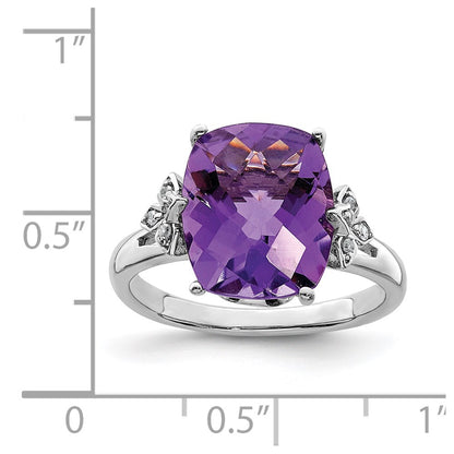 Sterling Silver Rhodium-plated Checker-Cut Amethyst u0026 Diamond Ring