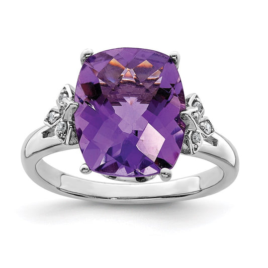 Sterling Silver Rhodium-plated Checker-Cut Amethyst u0026 Diamond Ring
