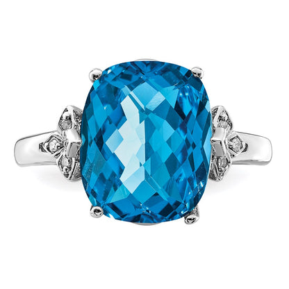 Sterling Silver Rhodium Checker-Cut Blue Topaz u0026 Diamond Ring