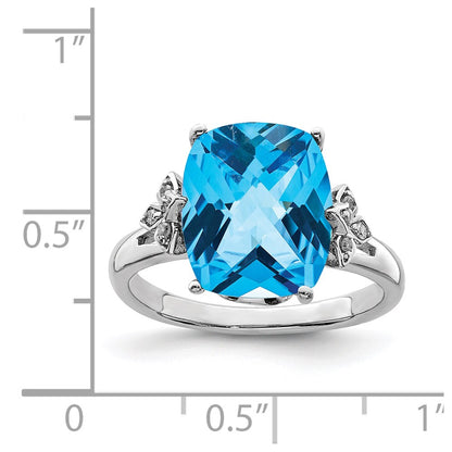 Sterling Silver Rhodium Checker-Cut Blue Topaz u0026 Diamond Ring