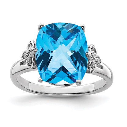 Sterling Silver Rhodium Checker-Cut Blue Topaz u0026 Diamond Ring