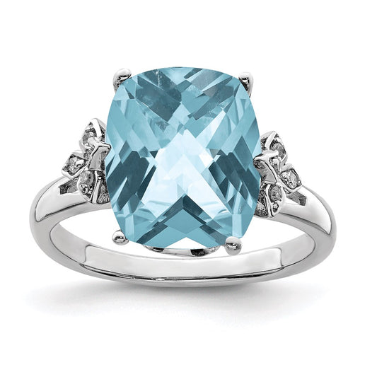 Sterling Silver Rhodium Checker-Cut Sky Blue Topaz u0026 Diamond Ring