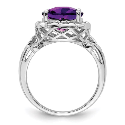 Sterling Silver Rhodium-plated Checker-Cut Amethyst u0026 Diamond Ring