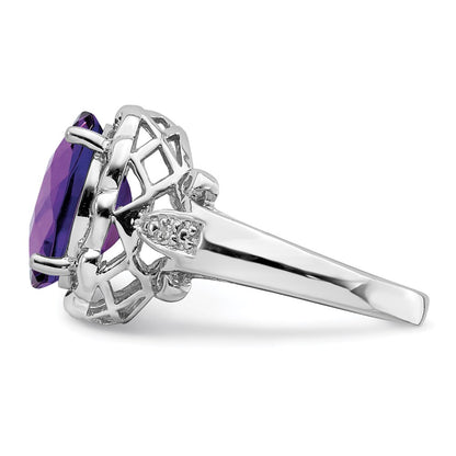 Sterling Silver Rhodium-plated Checker-Cut Amethyst u0026 Diamond Ring