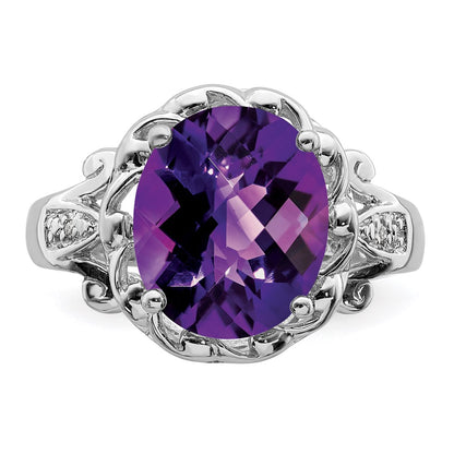 Sterling Silver Rhodium-plated Checker-Cut Amethyst u0026 Diamond Ring