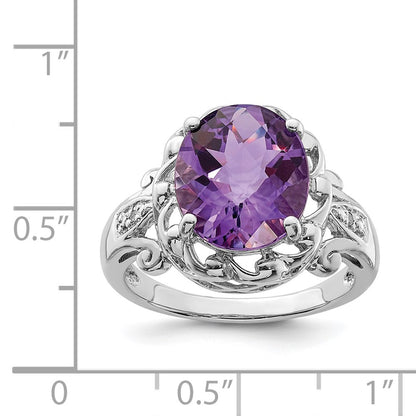 Sterling Silver Rhodium-plated Checker-Cut Amethyst u0026 Diamond Ring