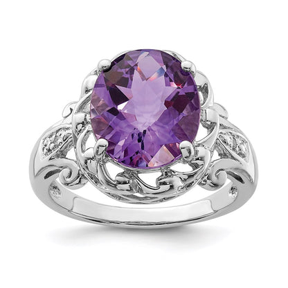 Sterling Silver Rhodium-plated Checker-Cut Amethyst u0026 Diamond Ring