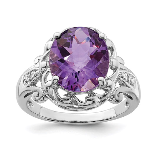 Sterling Silver Rhodium-plated Checker-Cut Amethyst u0026 Diamond Ring